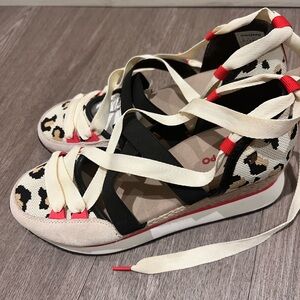 Leopard Print Espadrille Wedge Sandals with Cream Straps